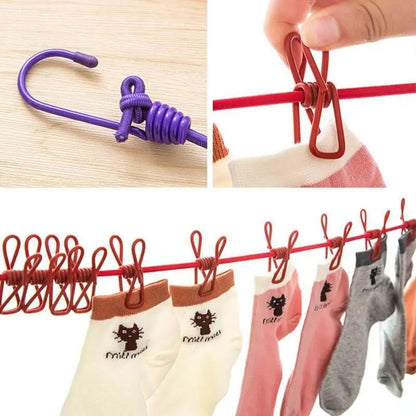 Portable Drying Rope with 12 Clips & 2 Hooks