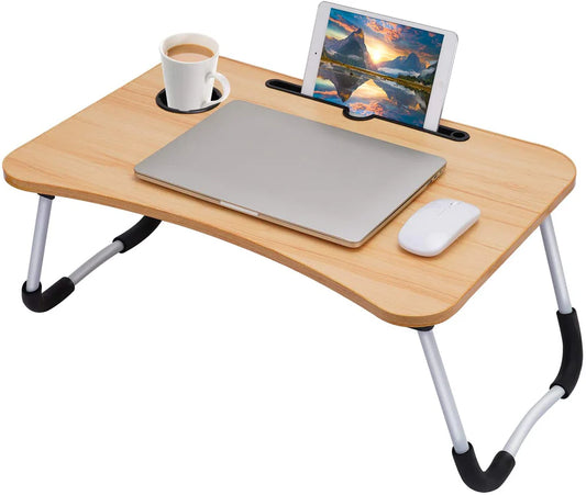 Laptop Table | Beige Color | Foldable Legs, Tablet Groove & Cup Slot