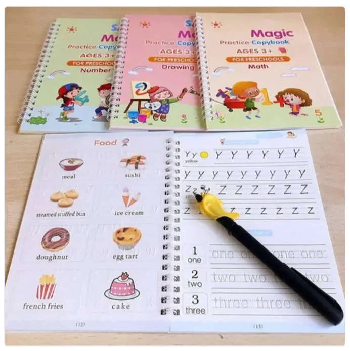 4 in 1 Sank Magic Book | Reusable Magic Practice Copy Book | 4 books + 1 Pen + 5 Refills +1 Grip